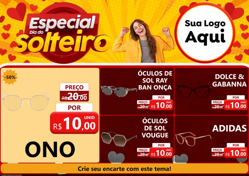 Modelo de Encarte para Encarte A4 Horizontal com o tema Especial Dia do Solteiro para Óticas