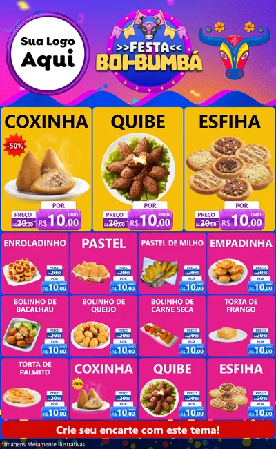 Modelo de Encarte para Encarte Grande com o tema Festa Boi-Bumbá para Salgadaria