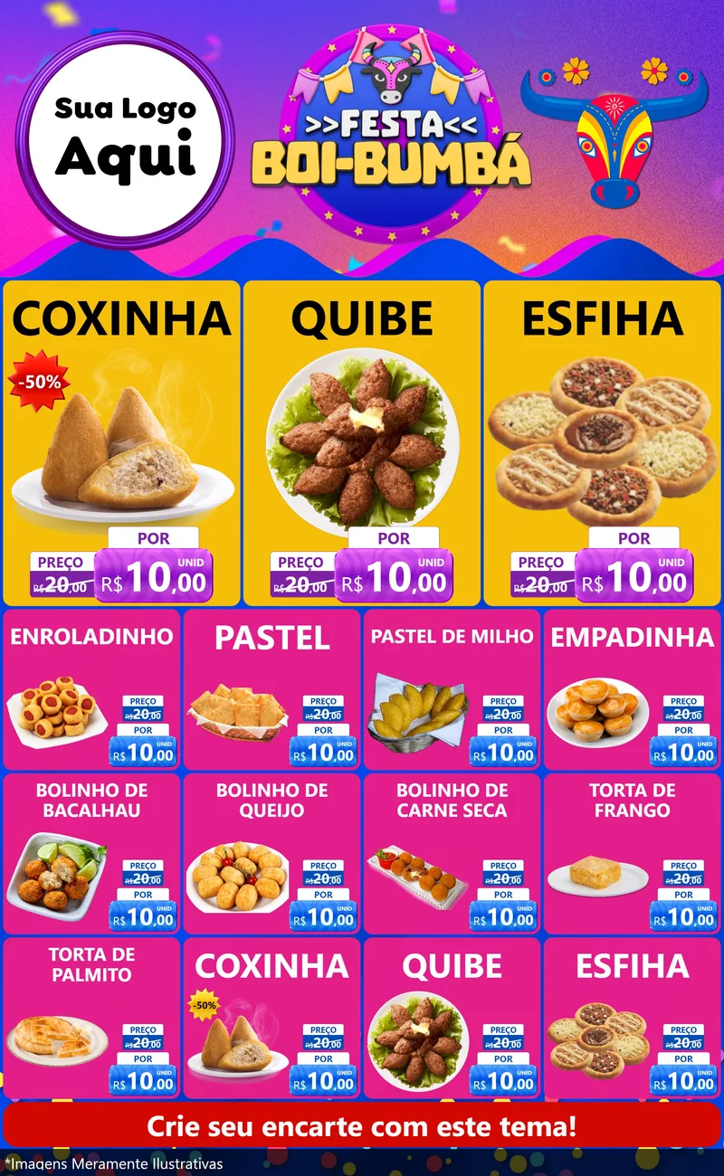Modelo de Encarte para Encarte Grande com o tema Festa Boi-Bumbá para Salgadaria