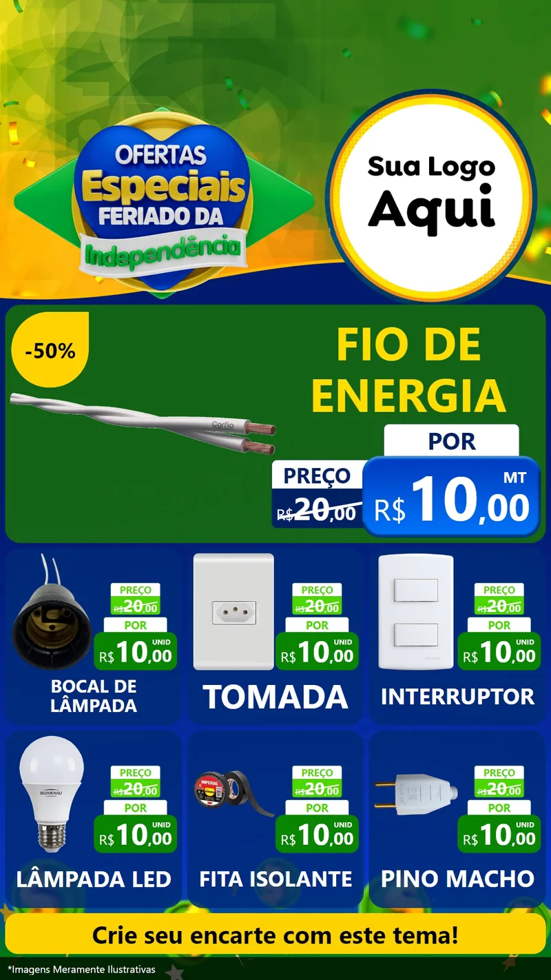 Modelo de Rede Social para Stories com o tema Ofertas Especiais Feriado da Independência para Materiais Elétricos