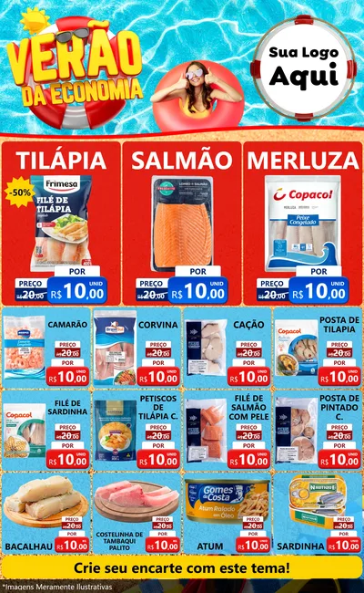 Modelo de Encarte para Encarte Grande com o tema Verão da Economia para Peixaria