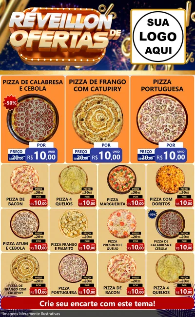 Modelo de Encarte para Encarte Grande com o tema Réveillon de Ofertas para Pizzaria