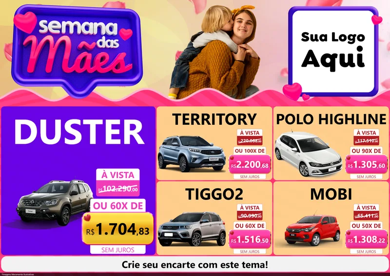 Modelo de Encarte para Encarte A4 Horizontal com o tema Semana das Mães para Concessionaria de Carros