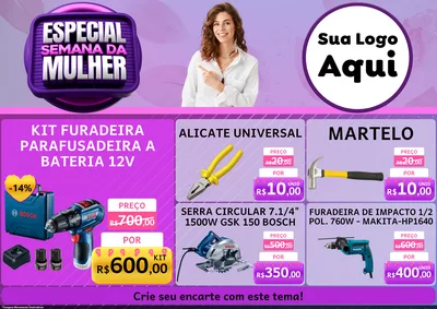 Modelo de Encarte para Encarte A4 Horizontal com o tema Especial Semana da Mulher para Maquinas e Ferramentas