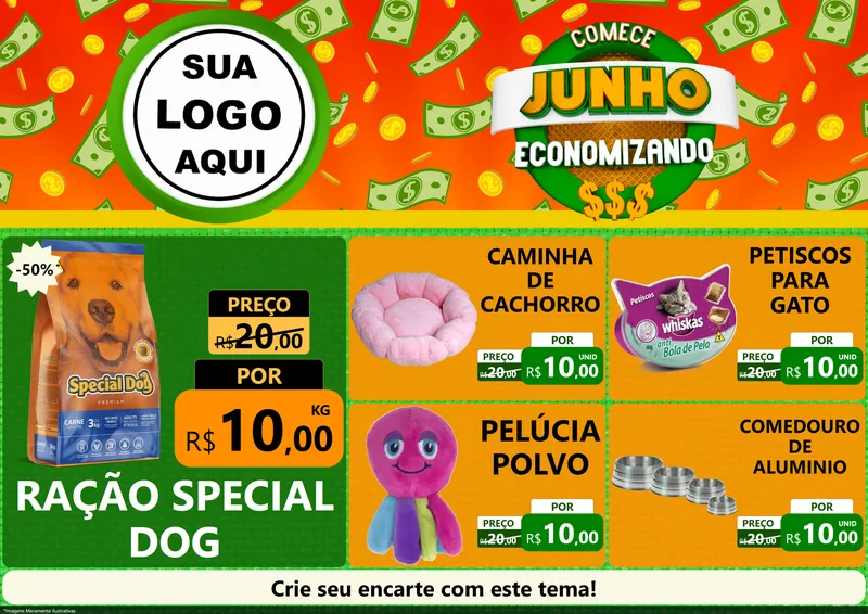 Modelo de Encarte para Encarte A4 Horizontal com o tema Comece Junho Economizando para Pet Shop
