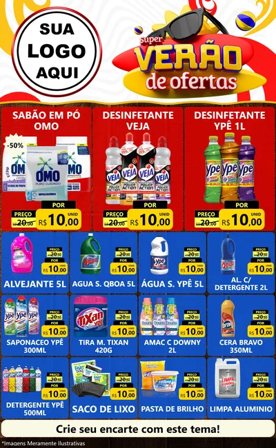 Modelo de Encarte para Encarte Grande com o tema Super Verão de Ofertas para Produtos de Limpeza