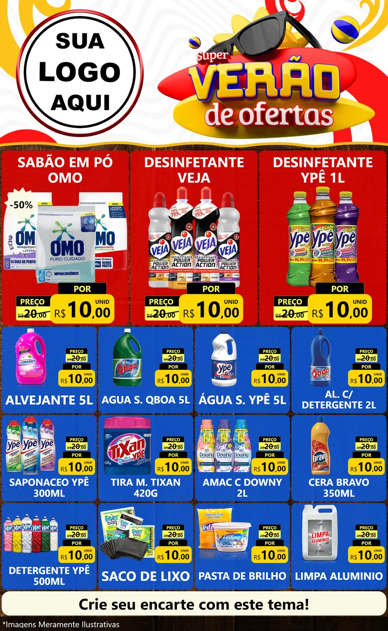 Modelo de Encarte para Encarte Grande com o tema Super Verão de Ofertas para Produtos de Limpeza