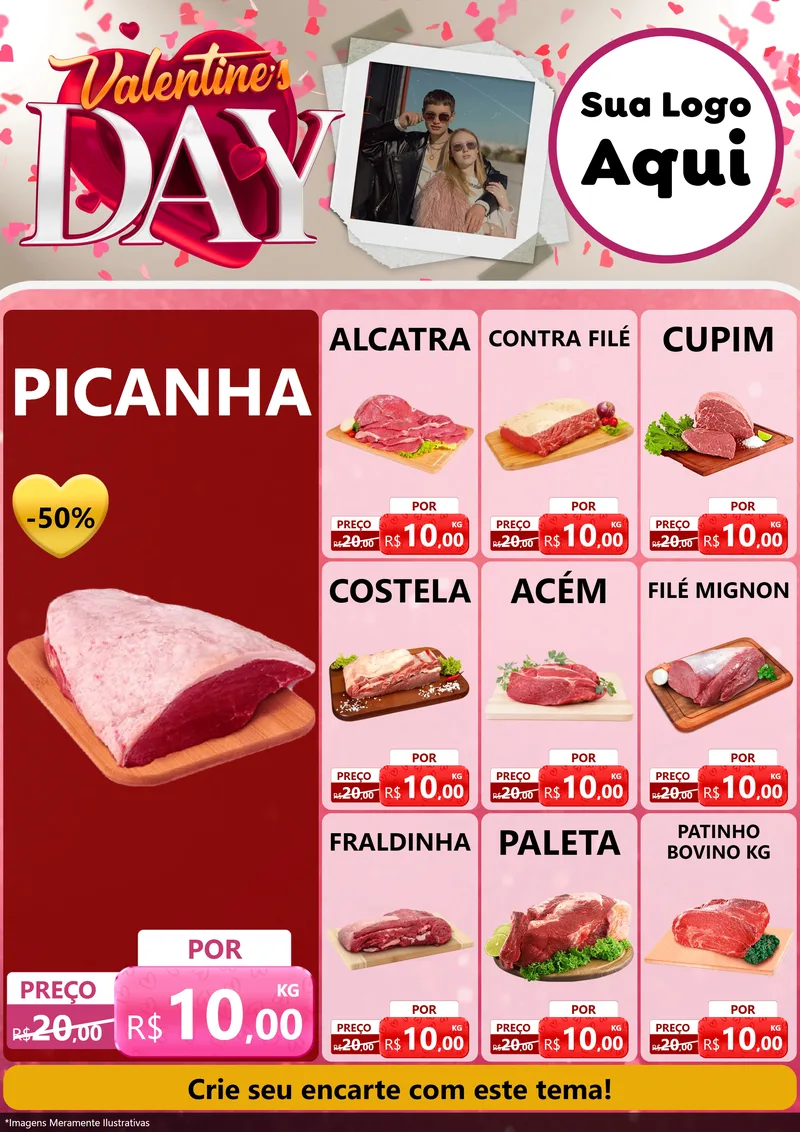 Modelo de Encarte para Encarte A4 Vertical com o tema Valentine's Day para Açougue