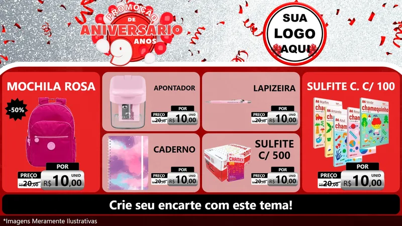 Modelo de TV para TV Horizontal com o tema Promoção de Aniversário - 9 Anos para Papelaria