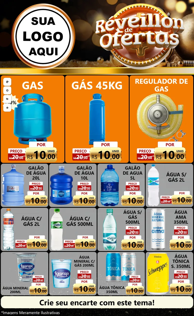 Modelo de Encarte para Encarte Grande com o tema Réveillon de Ofertas para Água e gás