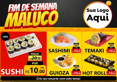 Modelo de Encarte para Encarte A4 Horizontal com o tema Final de Semana Maluco para Comida japonesa