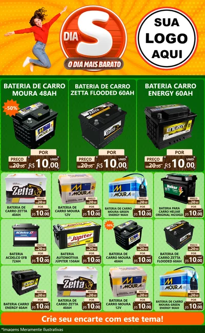 Modelo de Encarte para Encarte Grande com o tema Dia S - O Dia Mais Barato para Baterias Elétricas