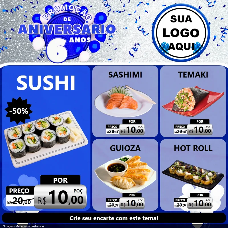 Modelo de Rede Social para Feed Facebook com o tema Promoção de Aniversário - 6 Anos para Comida japonesa