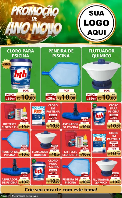 Modelo de Encarte para Encarte Grande com o tema Promoção de Ano Novo para Produtos para Piscina