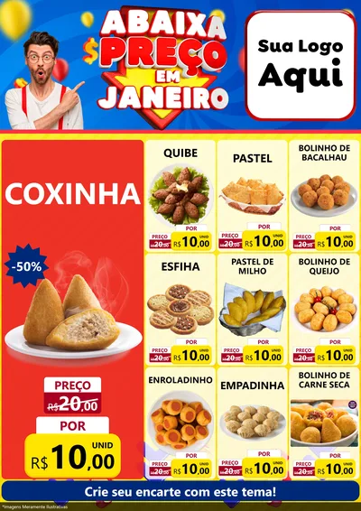 Modelo de Encarte para Encarte A4 Vertical com o tema Abaixa Preço em Janeiro para Salgadaria