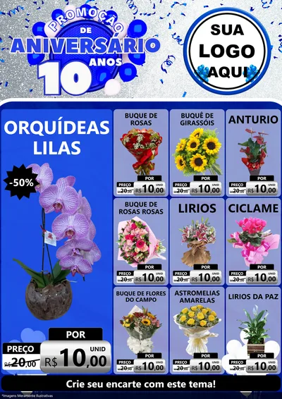 Modelo de Encarte para Encarte A4 Vertical com o tema Promoção de Aniversário - 10 Anos para Floricultura e jardim