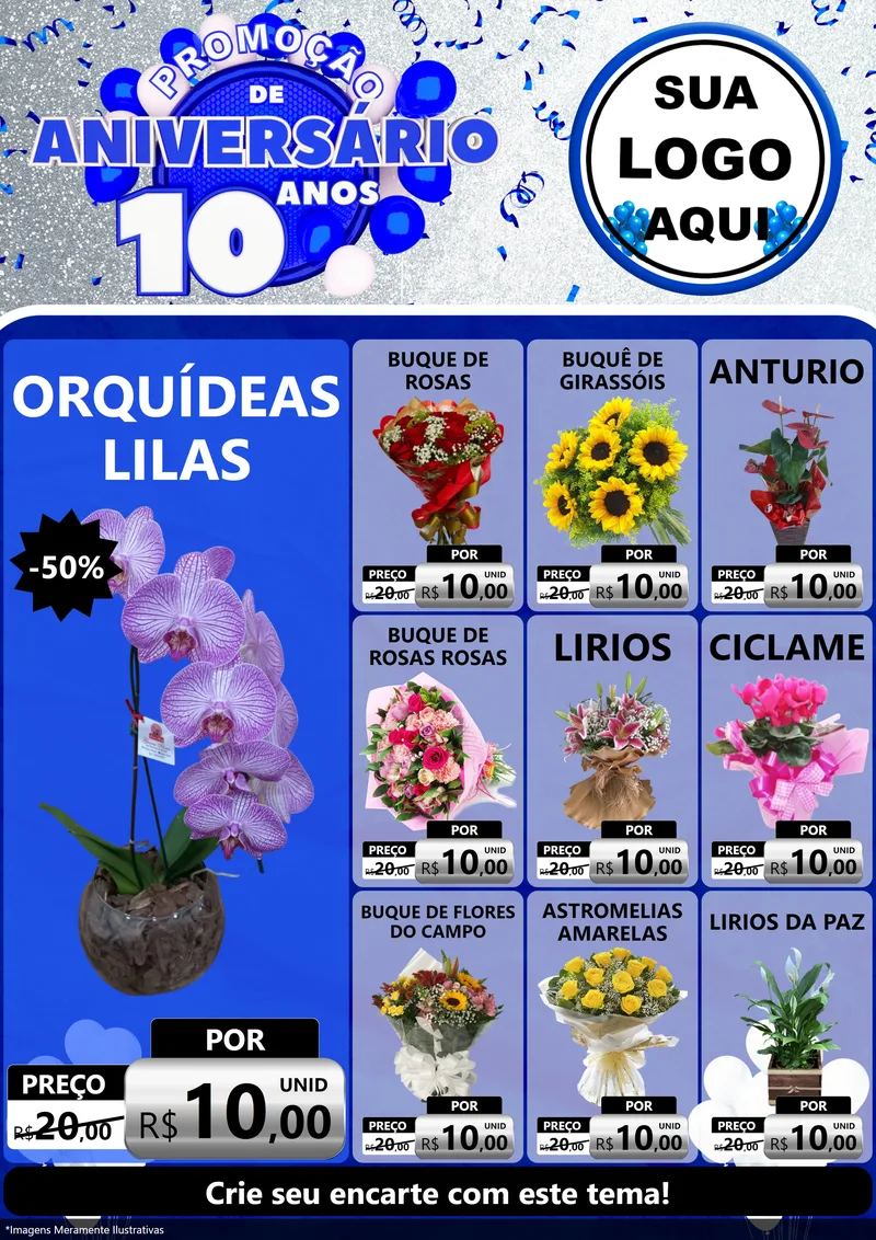 Modelo de Encarte para Encarte A4 Vertical com o tema Promoção de Aniversário - 10 Anos para Floricultura e jardim