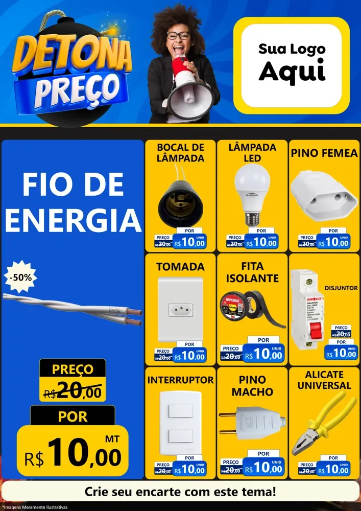 Modelo de Encarte para Encarte A4 Vertical com o tema Detona Preços para Materiais Elétricos