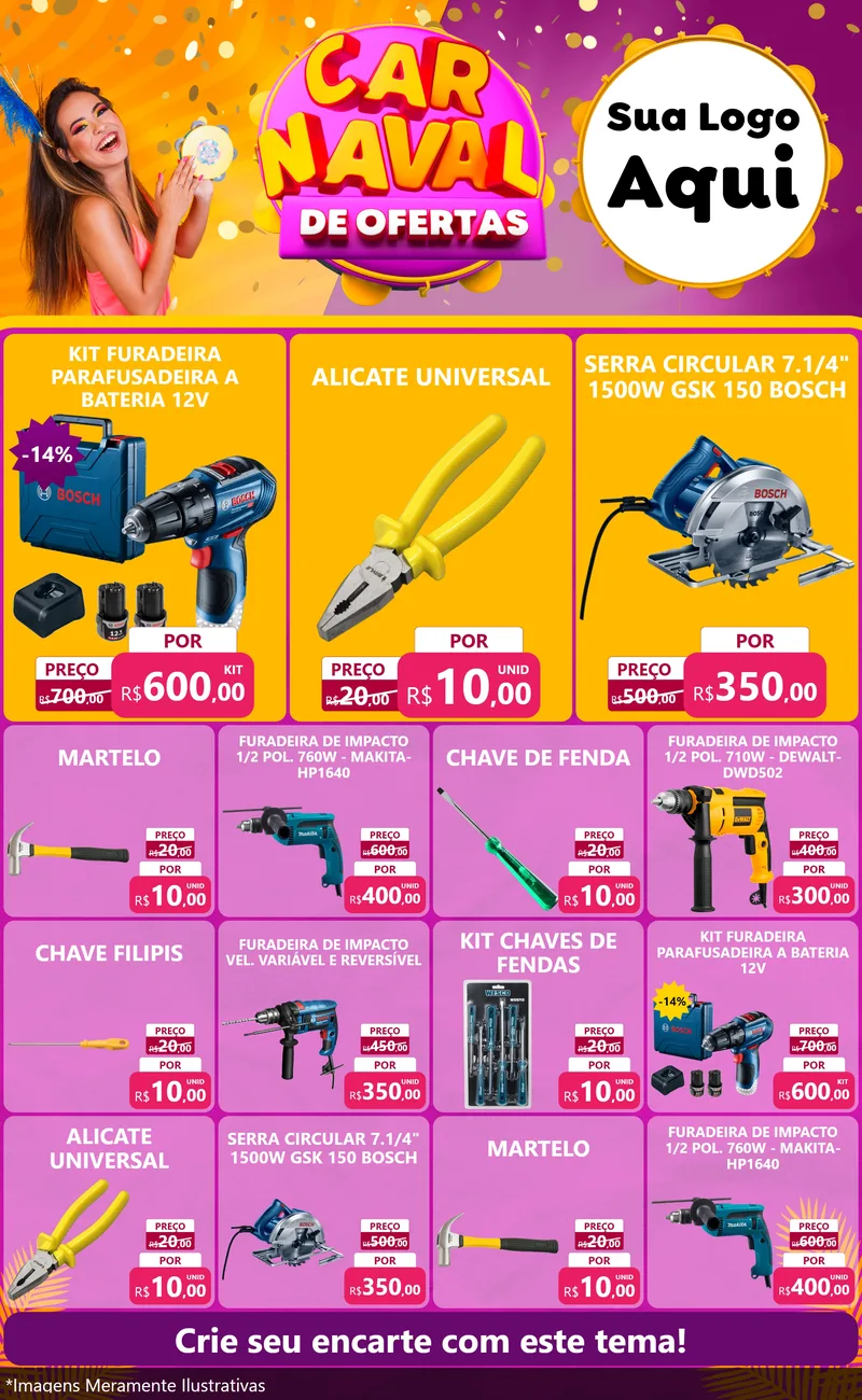 Modelo de Encarte para Encarte Grande com o tema Carnaval de Ofertas para Maquinas e Ferramentas