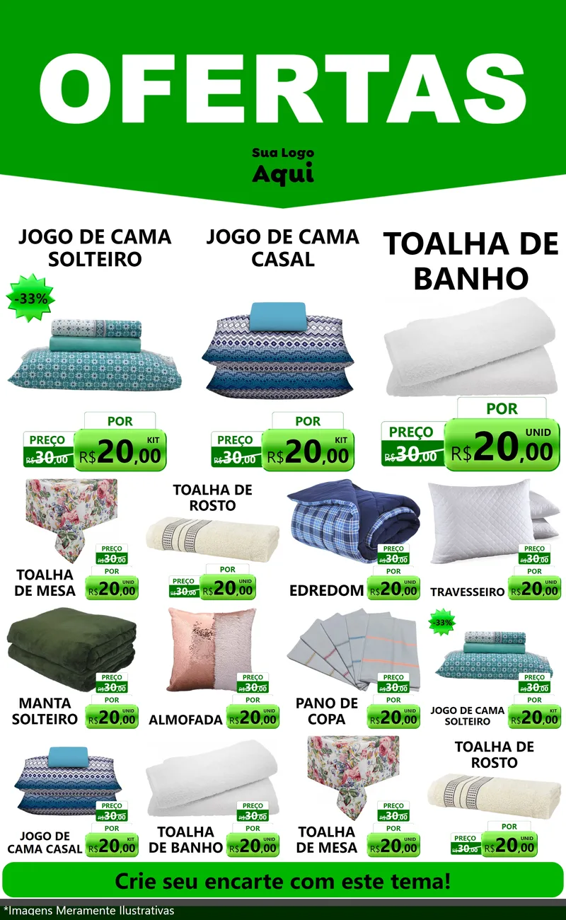 Modelo de Encarte para Encarte Grande com o tema Ofertas Verde Cartaz para Cama, Mesa e Banho