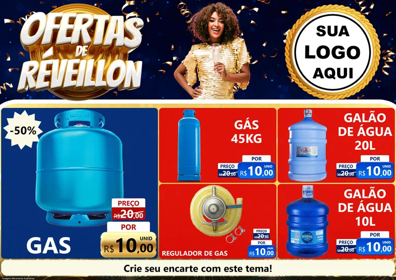 Modelo de Encarte para Encarte A4 Horizontal com o tema Ofertas de Réveillon para Água e gás