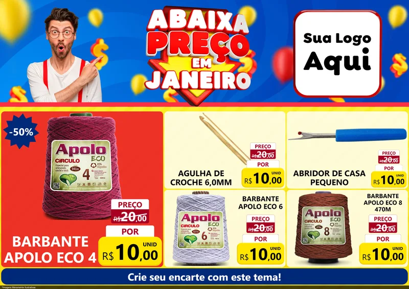 Modelo de Encarte para Encarte A4 Horizontal com o tema Abaixa Preço em Janeiro para Armarinho e Aviamentos