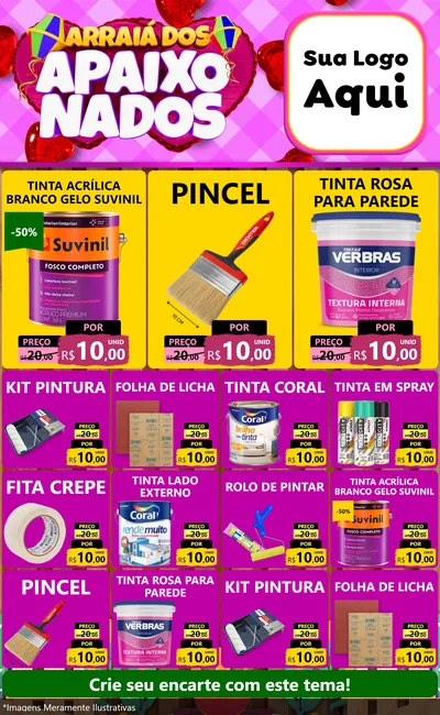 Modelo de Encarte para Encarte Grande com o tema Arraiá dos Apaixonados para Tintas e Ferramentas
