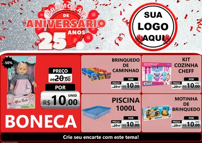 Modelo de Encarte para Encarte A4 Horizontal com o tema Promoção de Aniversário - 25Anos para Brinquedos