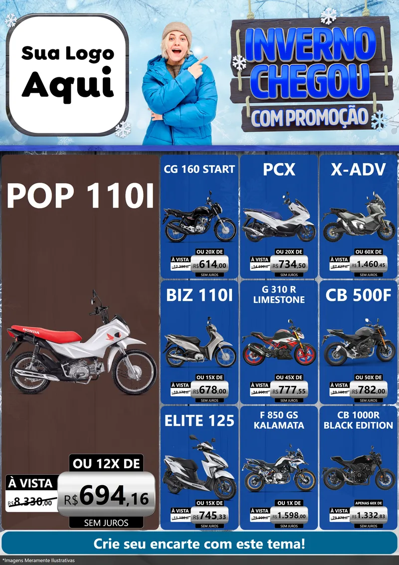 Modelo de Encarte para Encarte A4 Vertical com o tema Inverno Chegou Com Promoção para Concessionaria de Motos