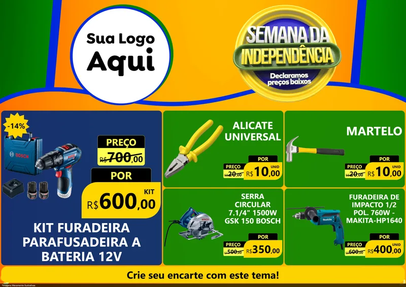 Modelo de Encarte para Encarte A4 Horizontal com o tema Semana da Independência Declaramos Preços Baixos para Maquinas e Ferramentas