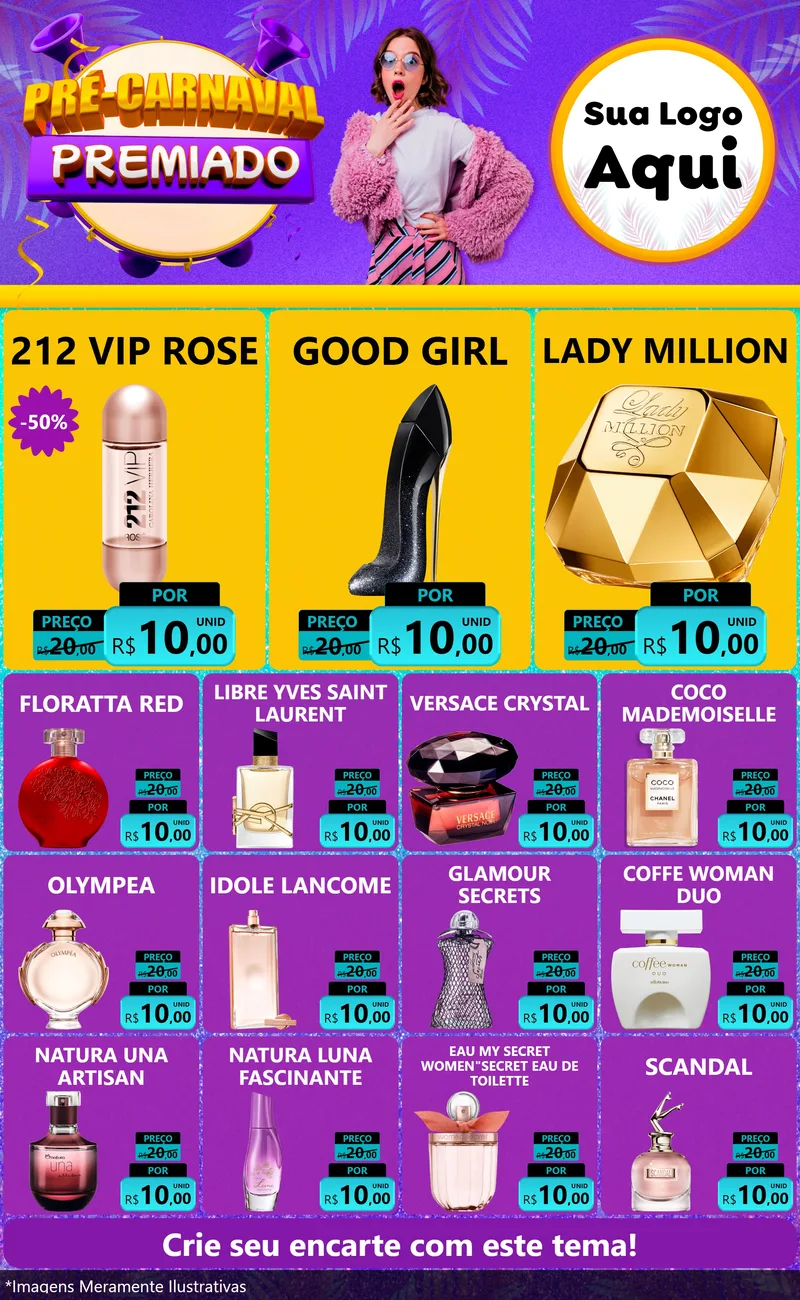 Modelo de Encarte para Encarte Grande com o tema Pré-Carnaval Premiado para Perfumes