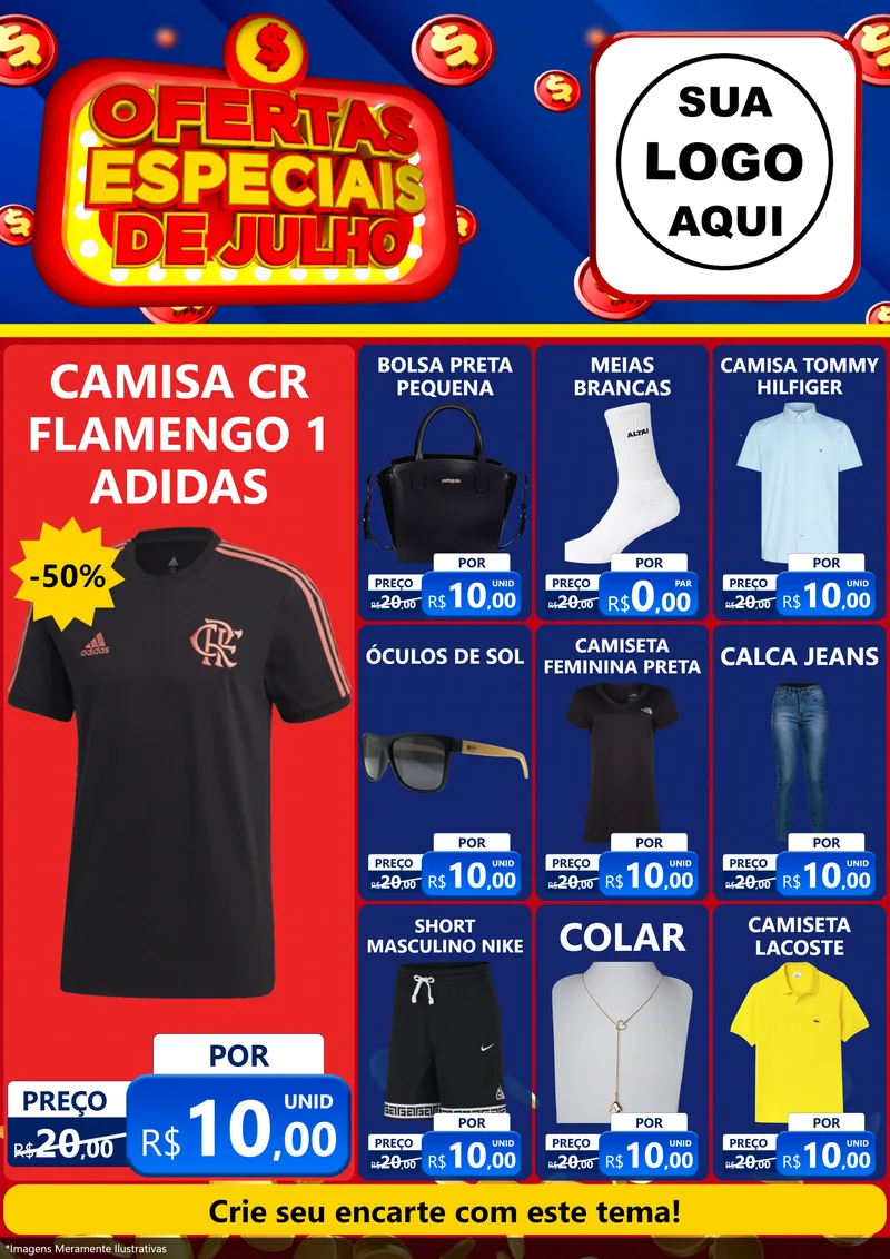 Modelo de Encarte para Encarte A4 Vertical com o tema Ofertas Especiais de Julho para Roupas e acessórios