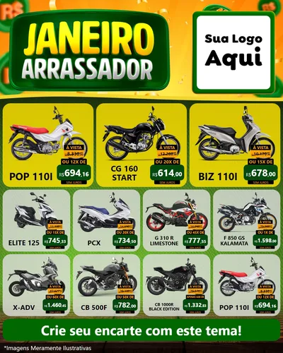 Modelo de Rede Social para Feed Instagram com o tema Janeiro Arrasador para Concessionaria de Motos
