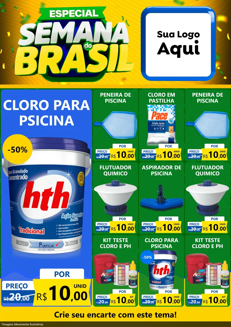Modelo de Encarte para Encarte A4 Vertical com o tema Especial Semana do Brasil para Produtos para Piscina