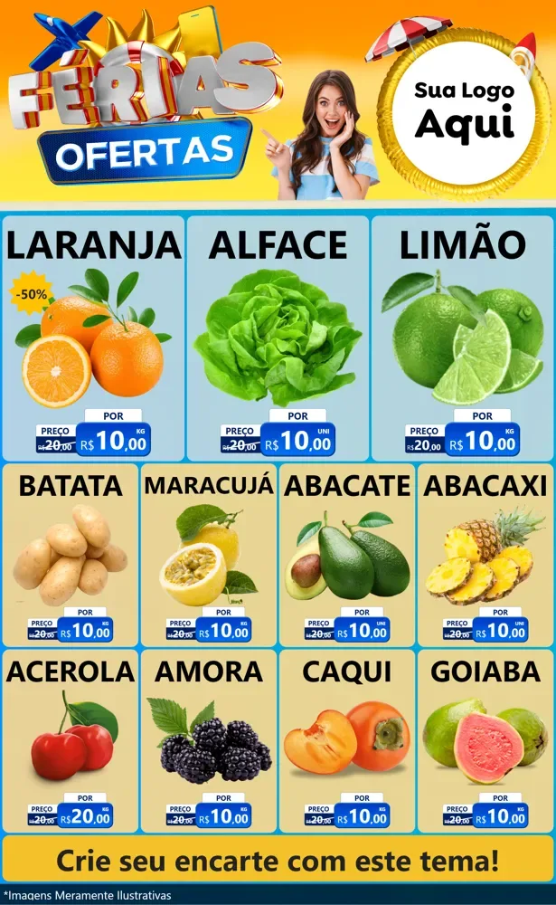 Modelo de Encarte para Encarte Grande com o tema Ofertas - Férias para Hortifrúti