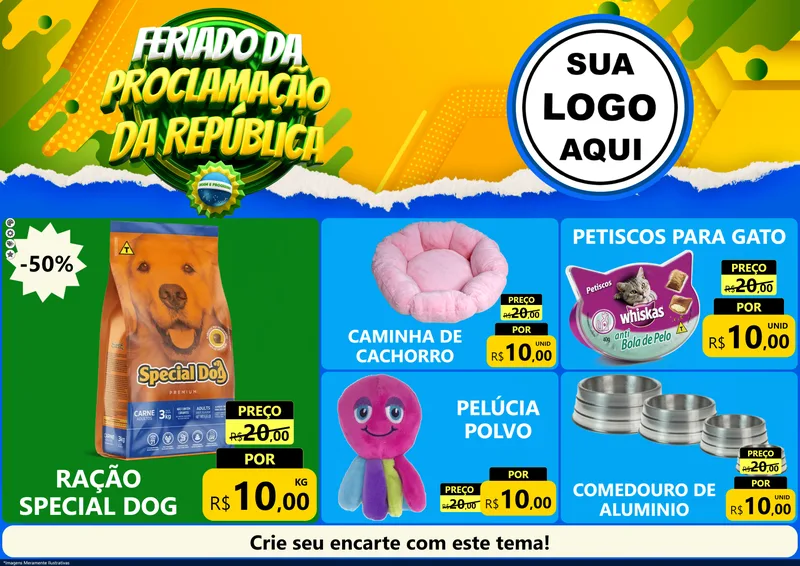 Modelo de Encarte para Encarte A4 Horizontal com o tema Feriado da Proclamação da República para Pet Shop