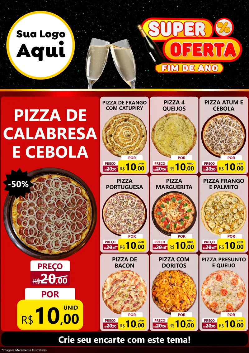 Modelo de Encarte para Encarte A4 Vertical com o tema Super Oferta Fim de Ano para Pizzaria