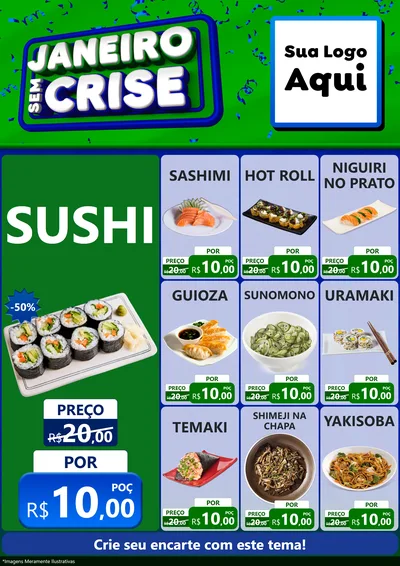 Modelo de Encarte para Encarte A4 Vertical com o tema Janeiro Sem Crise para Comida japonesa