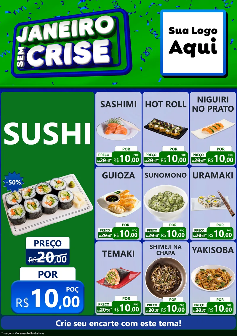 Modelo de Encarte para Encarte A4 Vertical com o tema Janeiro Sem Crise para Comida japonesa