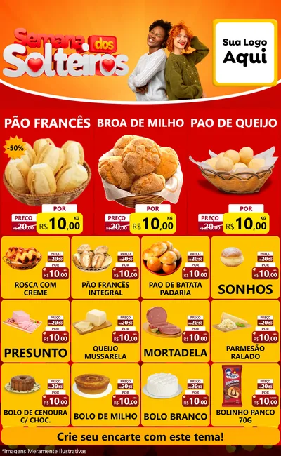 Modelo de Encarte para Encarte Grande com o tema Semana dos Solteiros para Padaria