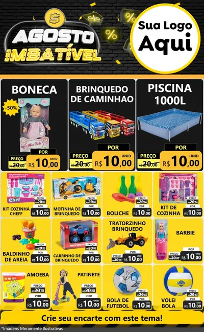 Modelo de Encarte para Encarte Grande com o tema Agosto Imbatível para Brinquedos