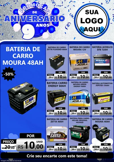 Modelo de Encarte para Encarte A4 Vertical com o tema Promoção de Aniversário - 9 Anos para Baterias Elétricas