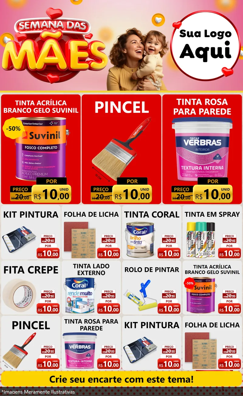 Modelo de Encarte para Encarte Grande com o tema Semana das Mães para Tintas e Ferramentas