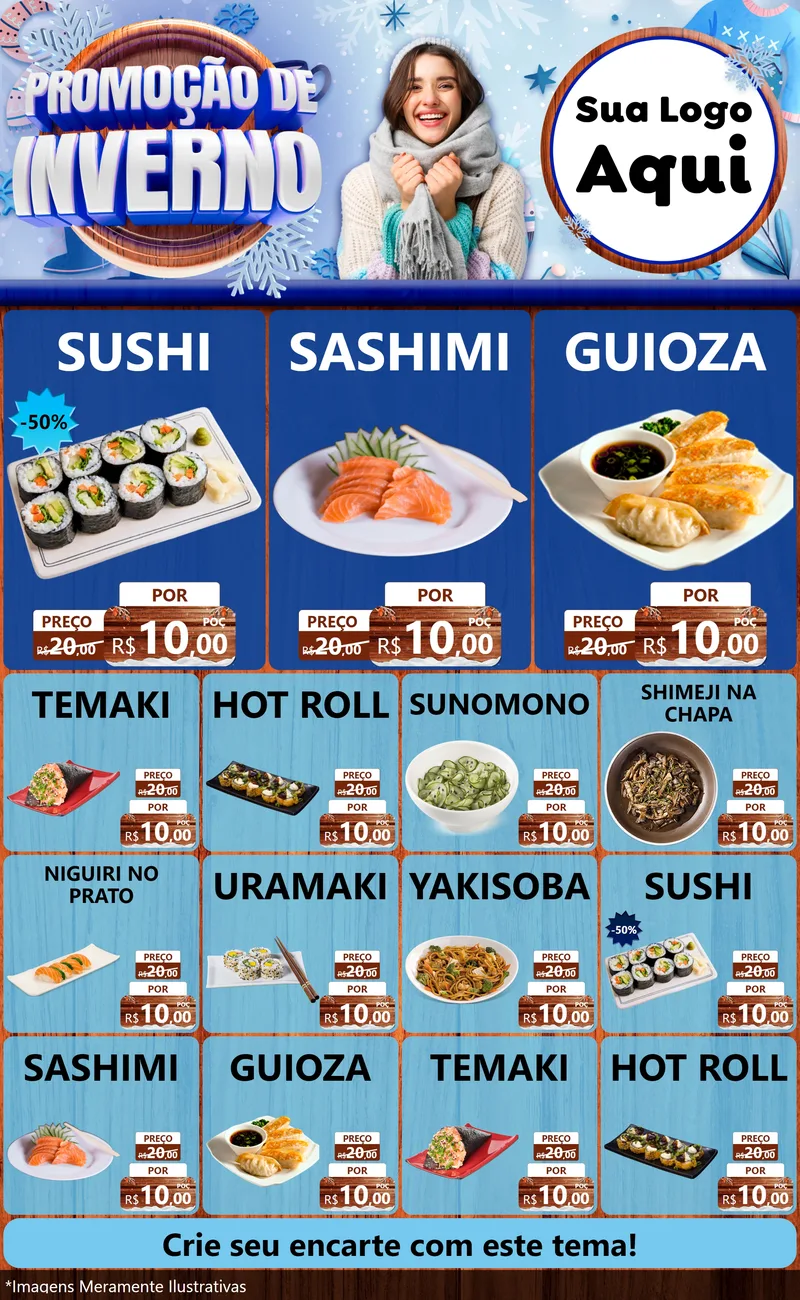 Modelo de Encarte para Encarte Grande com o tema Promoção de Inverno para Comida japonesa