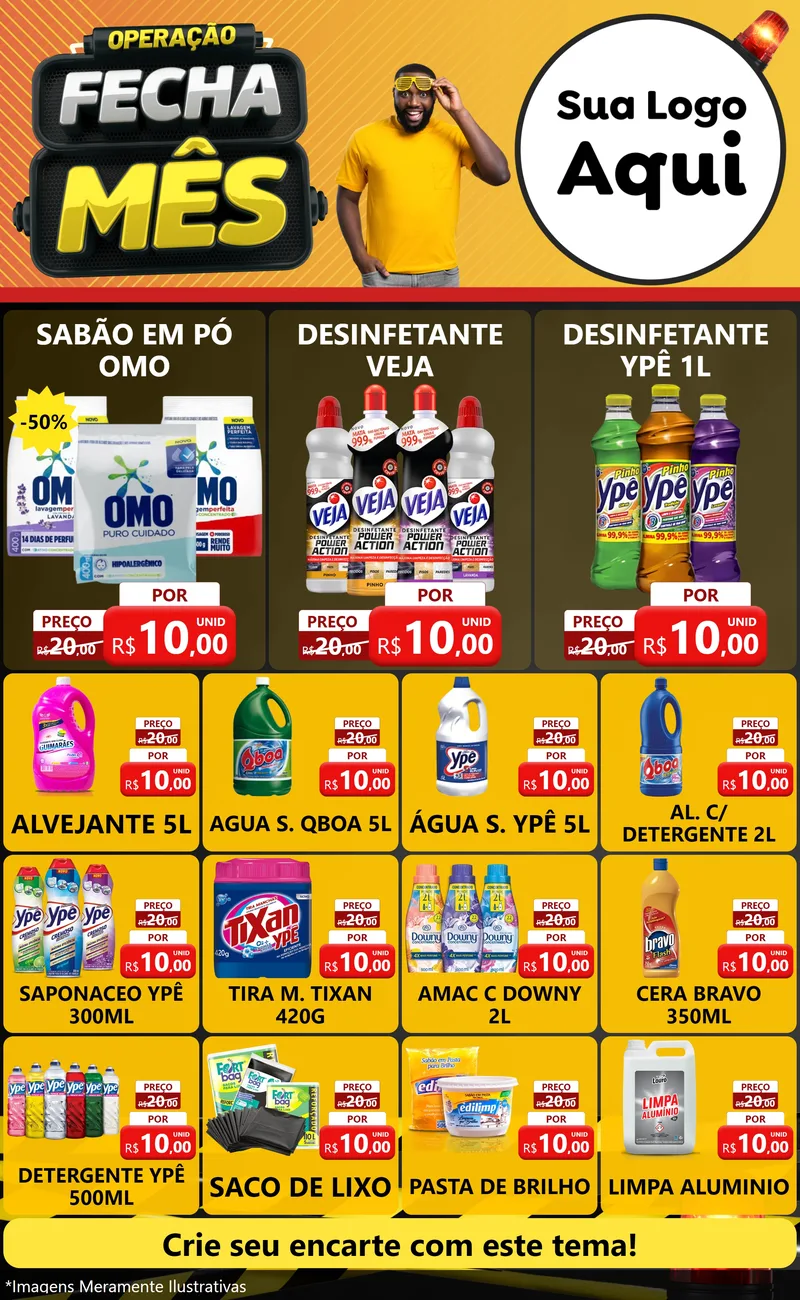 Modelo de Encarte para Encarte Grande com o tema Operação Fecha Mês para Produtos de Limpeza