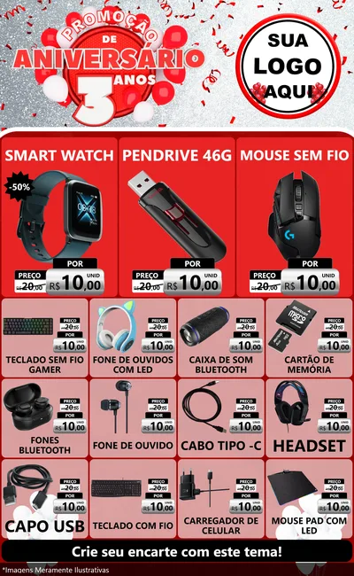 Modelo de Encarte para Encarte Grande com o tema Promoção de Aniversário - 3 Anos para Informática