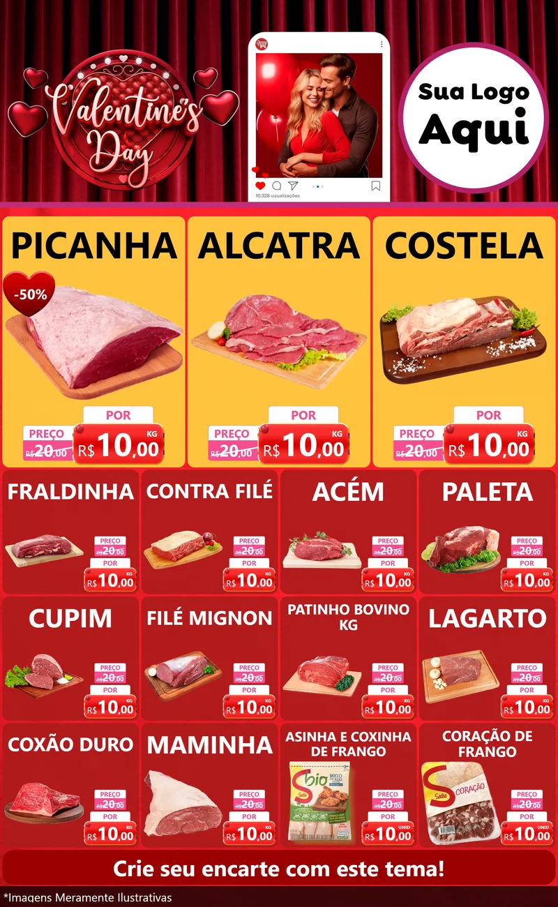 Modelo de Encarte para Encarte Grande com o tema Valentine's Day para Açougue