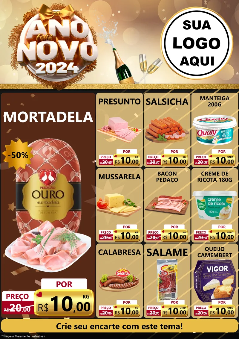 Modelo de Encarte para Encarte A4 Vertical com o tema Feliz Ano Novo 2027 para Frios e Laticínios
