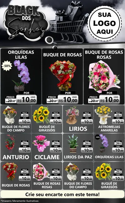 Modelo de Encarte para Encarte Grande com o tema Black dos Sonhos para Floricultura e jardim