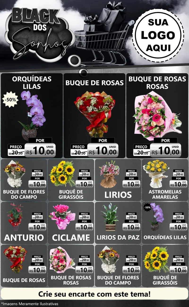 Modelo de Encarte para Encarte Grande com o tema Black dos Sonhos para Floricultura e jardim